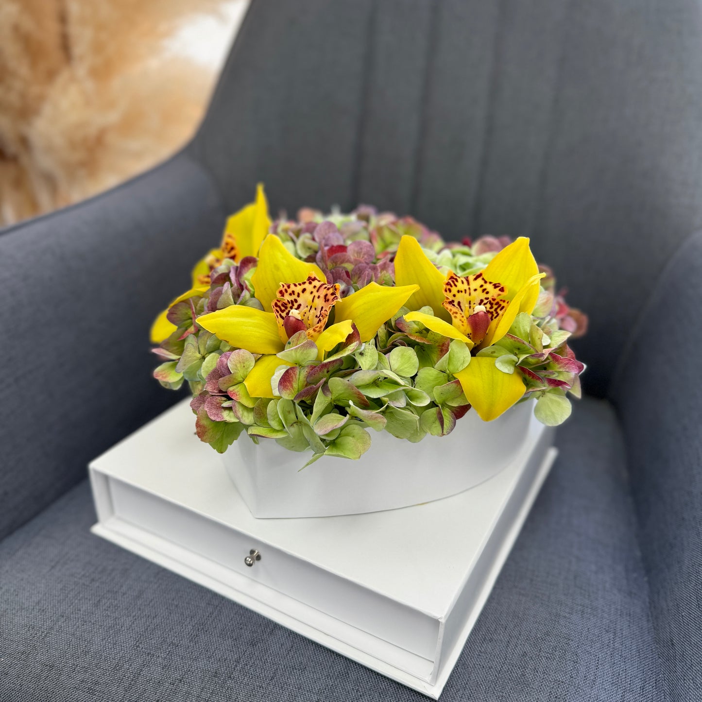 Box with Orchids and Hydrangea