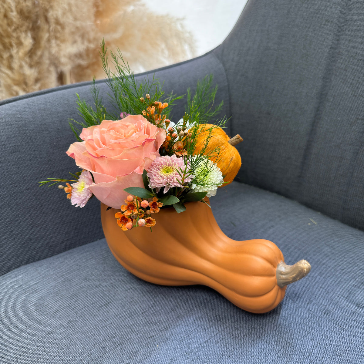 Ceramic Pumpkin Vase with Flowers