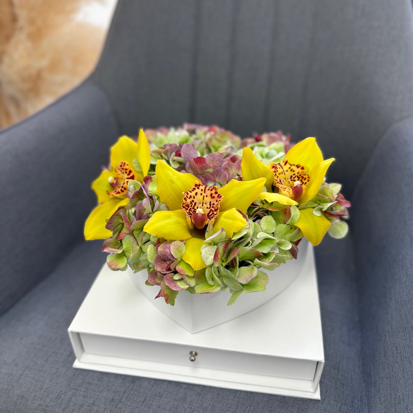 Box with Orchids and Hydrangea