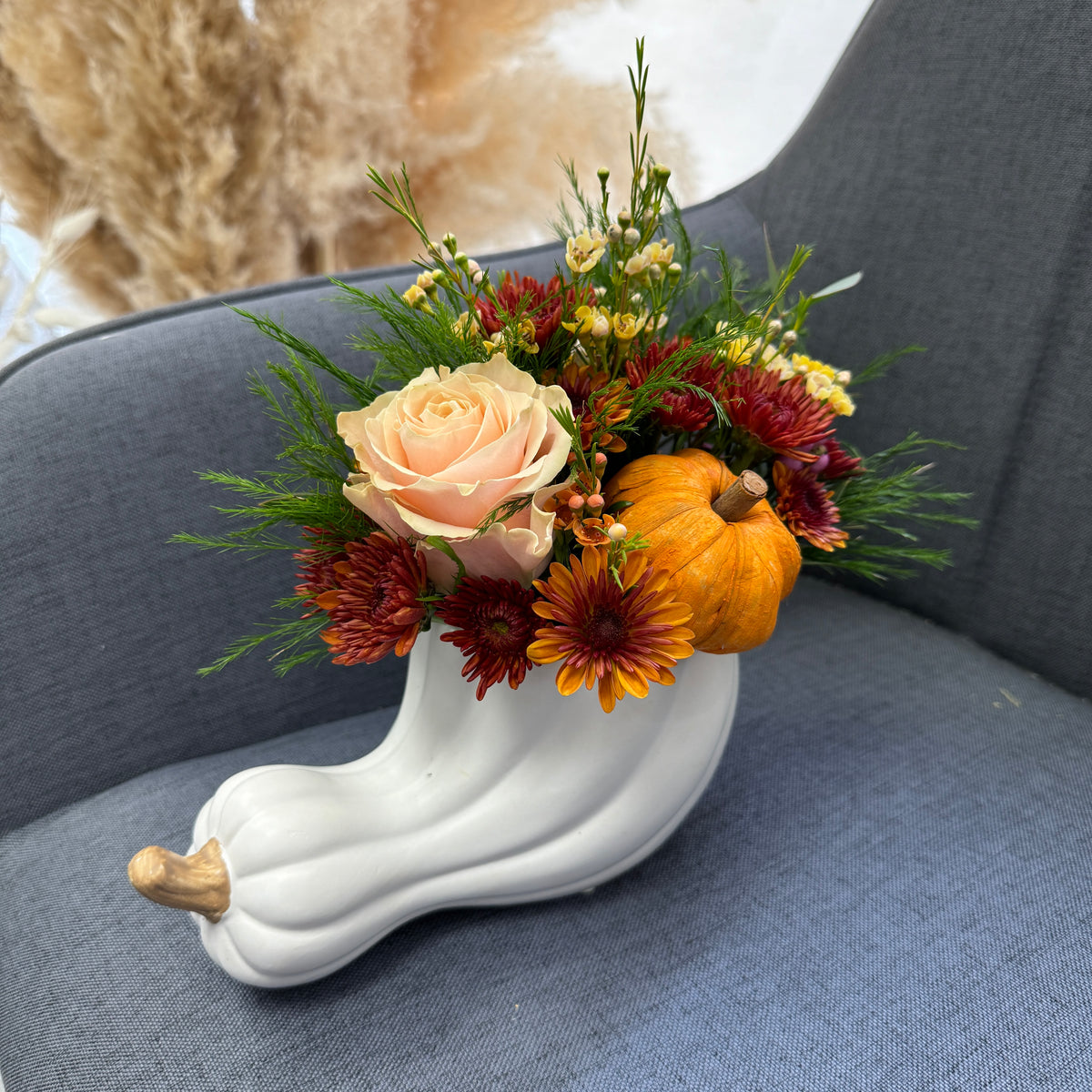Ceramic Pumpkin Vase with Flowers
